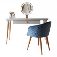 Manhattan Comfort 2-2530511020482 2-Piece HomeDock Vanity Dressing Table with Mirror Led Lights and Kari Accent Chair Set in Off White and Blue